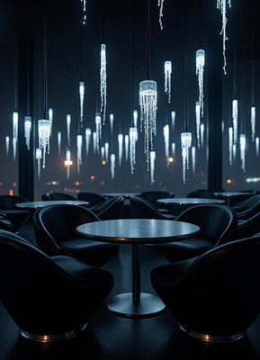 A table and chairs sit empty in a dimly lit lounge