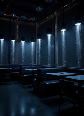 A modern restaurant interior with black booths and tables