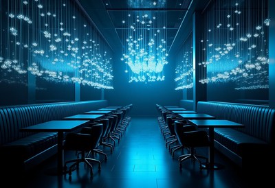 A modern restaurant with blue lights and hanging orbs