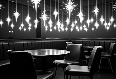 A black and white photo of a booth in a restaurant