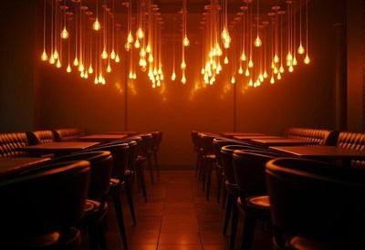 A dimly lit restaurant with rows of tables and chairs