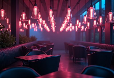 Pink lights illuminate a restaurant