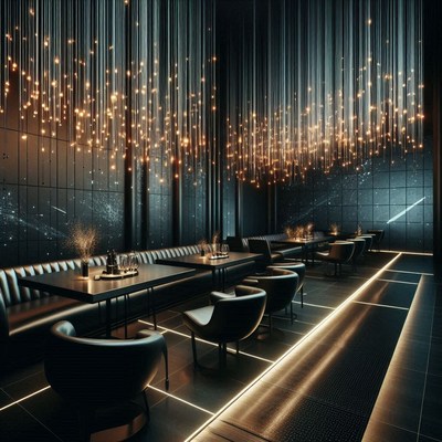 A modern restaurant with a starry night sky theme