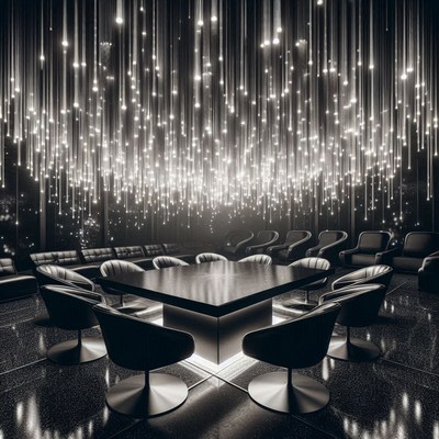 A modern dining room with a unique light installation