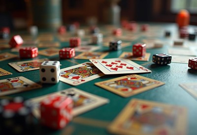 A game of cards and dice is in progress