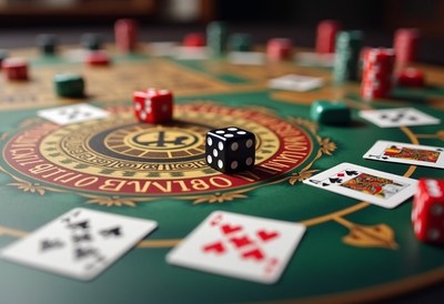 A close-up of a game board with dice and cards