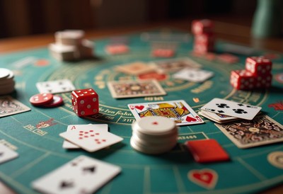A close-up of a game board with dice, cards, and chips