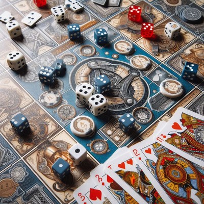 Dice and cards on a game board