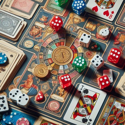 A game board with dice and playing cards