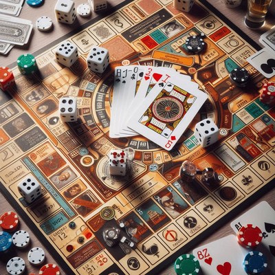 A game board with dice, cards, and chips