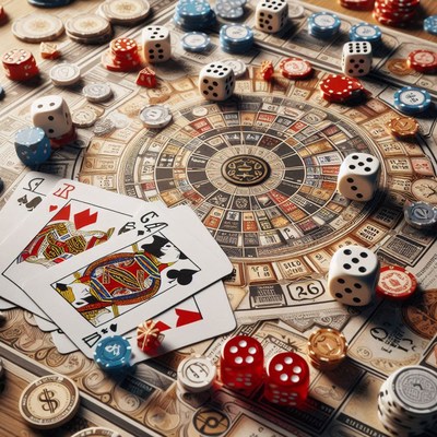 A close-up of a board game with dice, chips, and cards