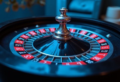 A close-up of a roulette wheel in a casino