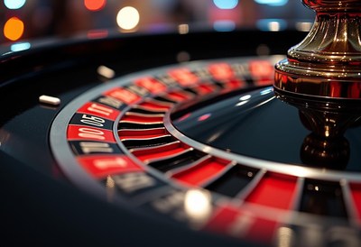 A close-up of a roulette wheel in a casino