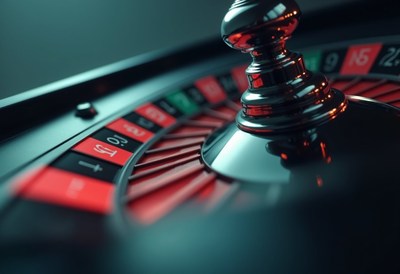 A close-up view of a roulette wheel spinning in a casino