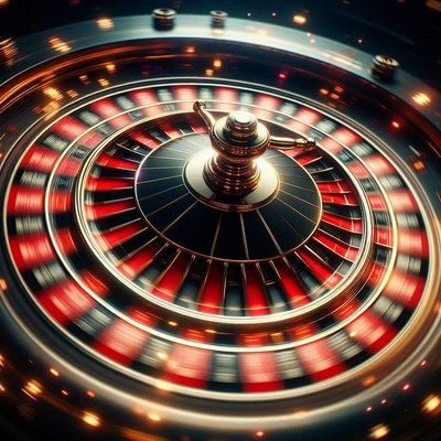 A roulette wheel spins rapidly in a casino