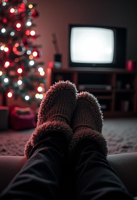 Cozy night in with fuzzy slippers by the christmas tree