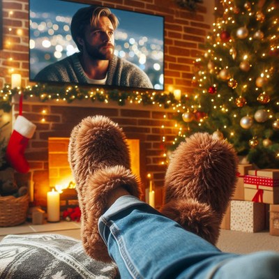 Fuzzy slippers by the fire, watching a christmas movie