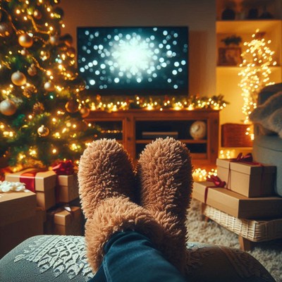 Cozy christmas night in with a movie and fuzzy slippers