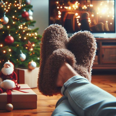 Relaxing in fuzzy slippers by the christmas tree
