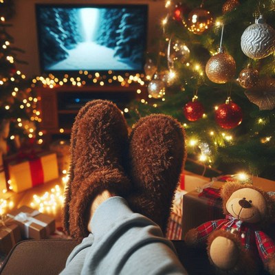 Relaxing in fuzzy slippers after a christmas dinner