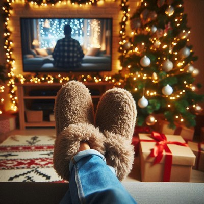 Cozying up for a movie night by the christmas tree