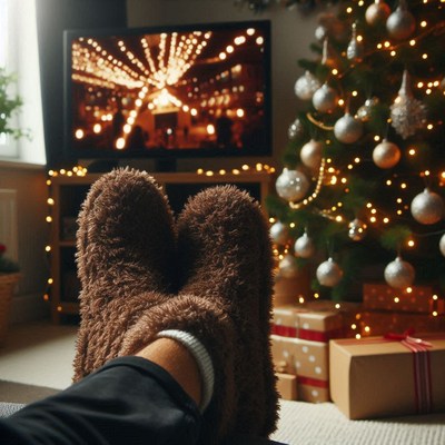 Cozy feet watching a movie by the christmas tree