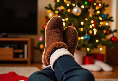 Relaxing by the christmas tree in fuzzy slippers