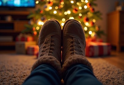 Cozy feet by a christmas tree