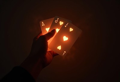 A hand holds three cards in the dark