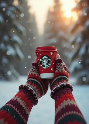 Warm hands holding a red cup in the snow