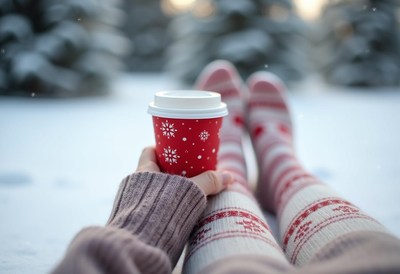 A hand holding a red snowflake cup in the snow