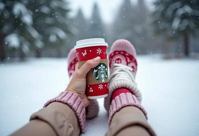 A person enjoys a warm drink on a snowy day