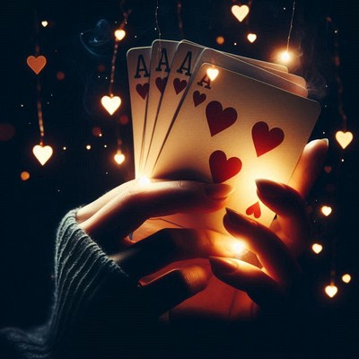 A person's hand is shown holding four aces of hearts