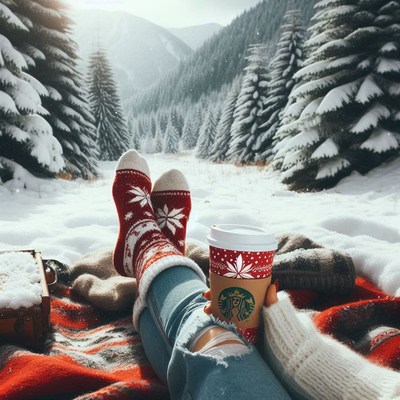Cozy winter day in the mountains with a warm drink