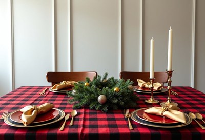 A festive table setting with a wreath, candles, and napkins