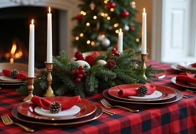 Christmas dinner table adorned with candles