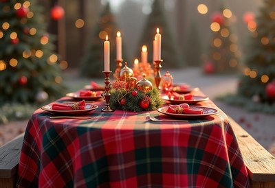 A plaid tablecloth sets the scene for christmas dinner
