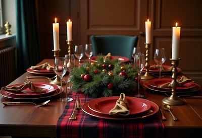 A formal table setting is ready for a holiday dinner