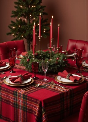 Holiday table with red candles and a wreath