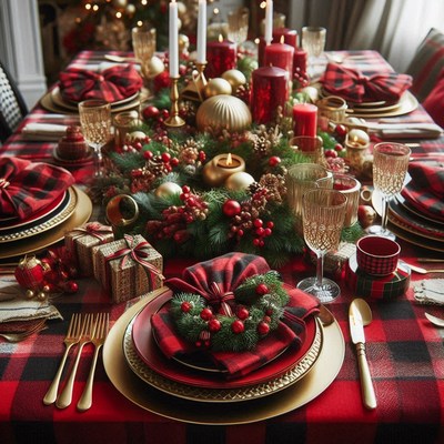 Festive christmas table with plaid cloth