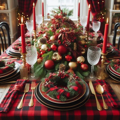 Festive christmas table with red candles and greens
