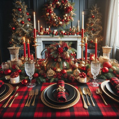 Christmas table with red and gold decor