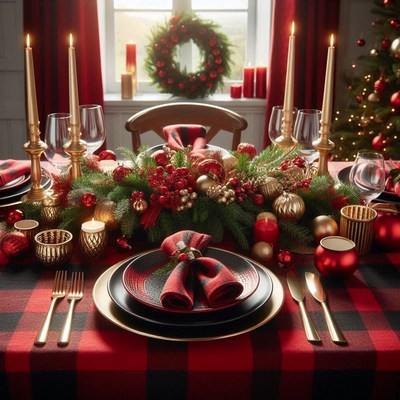 Festive table: plaid cloth, gold candlesticks, greenery