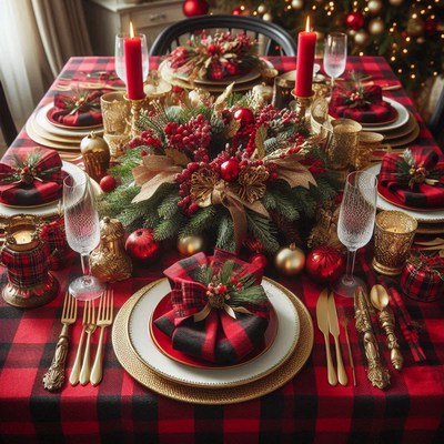 Festive red and black checked christmas table