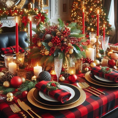 Christmas table with red candles and plaid decor