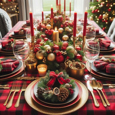 A festive christmas table setting with red and gold accents