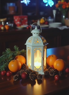 White lantern with candle, oranges, and pine cones