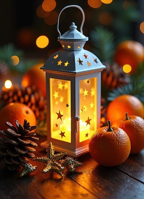 A white lantern with a candle inside sits on a wooden table