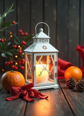 White lantern glows on wood table with oranges, pinecones