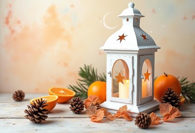 White lantern with candle on table of oranges